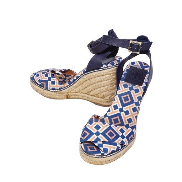 Tory Burch Criss Cross Blue and Orange Espadrille Wedges, Size 8 - Picture 7 of 11